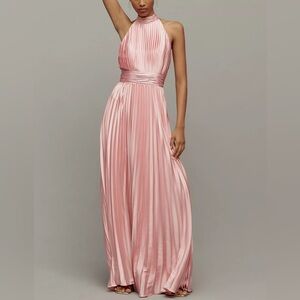 NWT Mac Duggal 26992 Halter Pleated Maxi Dress Gown in Pink